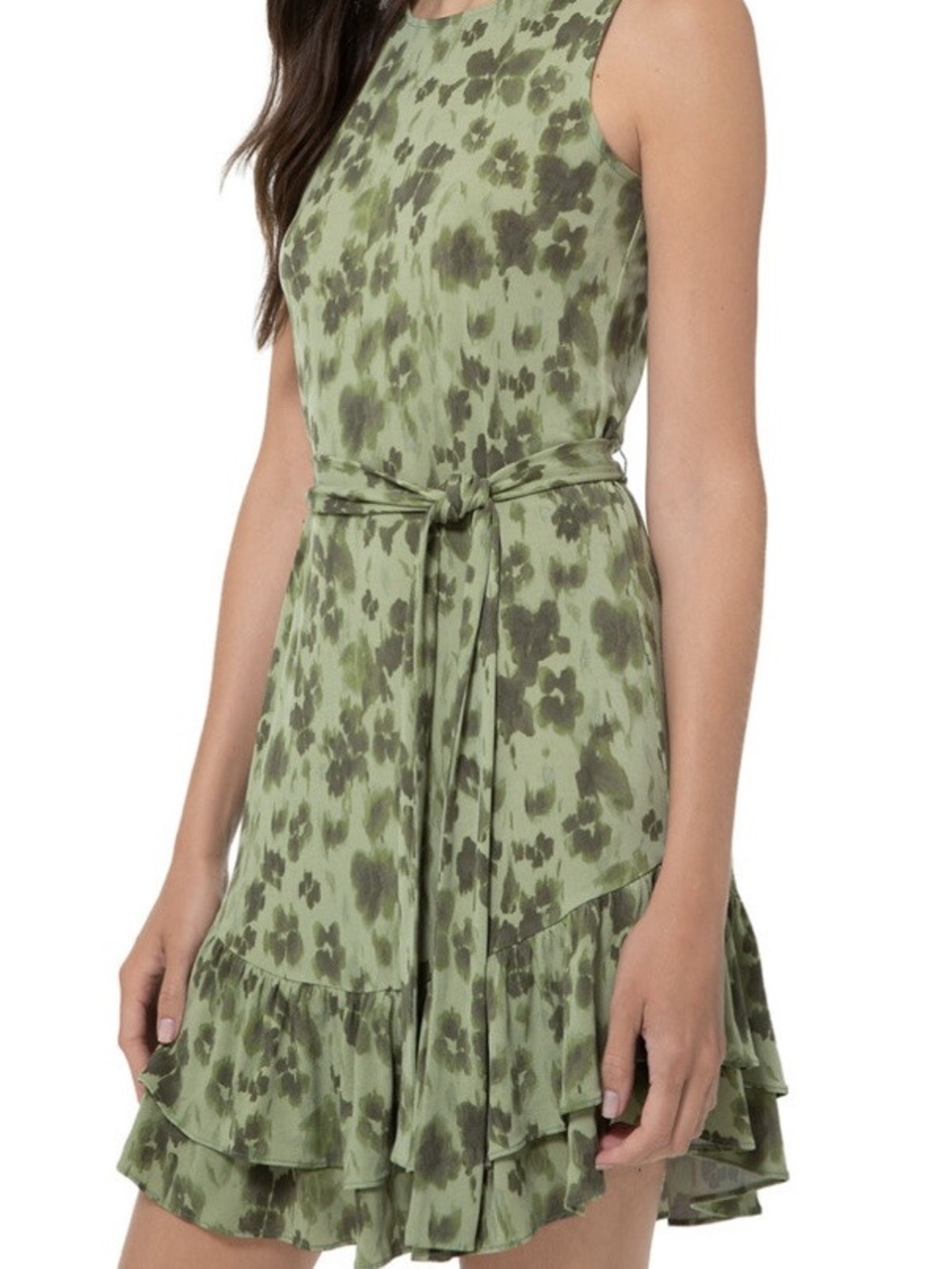 Fairycore Whimsigoth romantic feminine Michael Kors Green Floral Ruffle dress